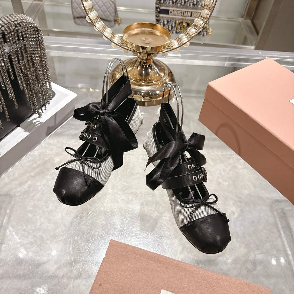MIUMIU 26S SLINGBACK BALLET FLATS IN BLACK CALFSKIN AND BEIGE CANVAS RIBBON