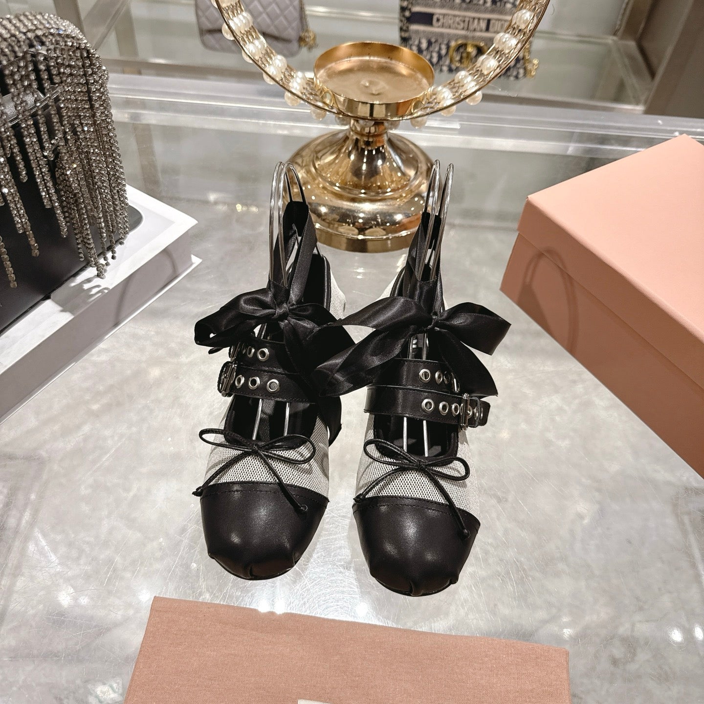 MIUMIU 26S SLINGBACK BALLET FLATS IN BLACK CALFSKIN AND BEIGE CANVAS RIBBON