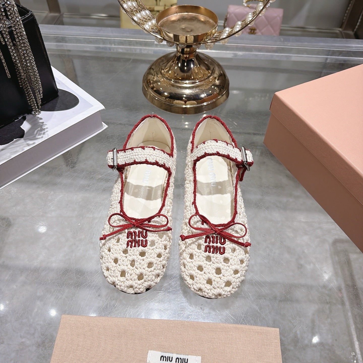 MIUMIU 26S MARY JANE BALLET FLATS IN WHITE CROCHET KNIT AND RED TRIM