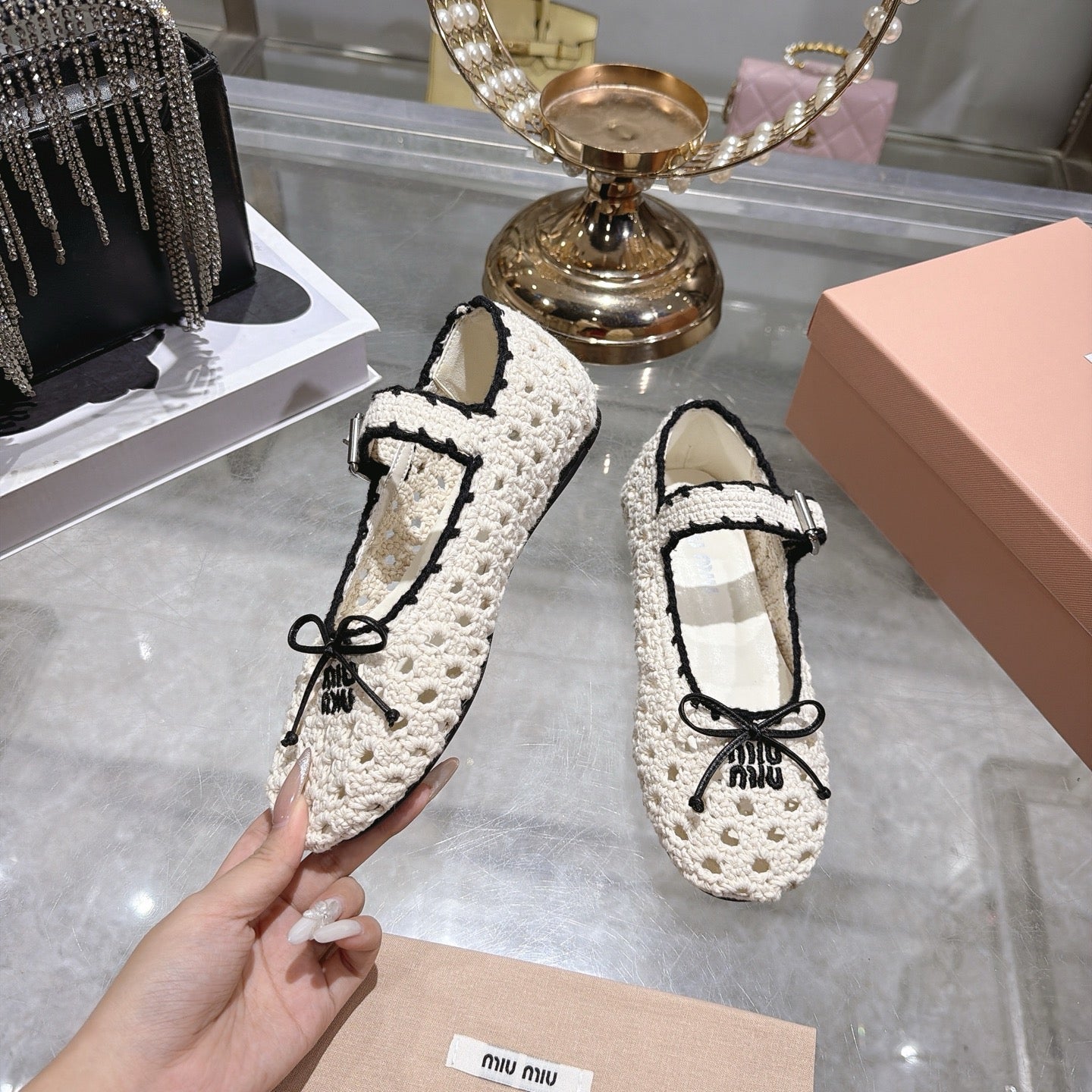 MIUMIU 26S MARY JANE BALLET FLATS IN WHITE CROCHET KNIT