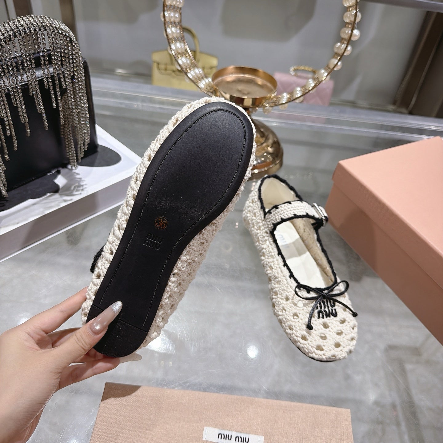 MIUMIU 26S MARY JANE BALLET FLATS IN WHITE CROCHET KNIT
