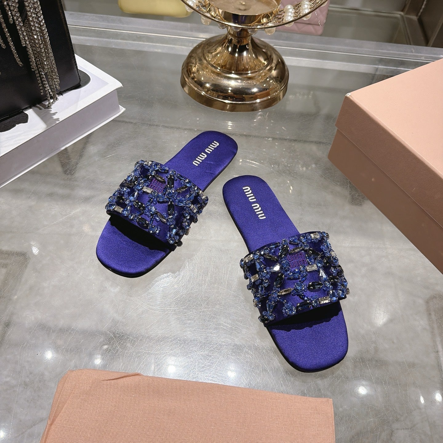 MIUMIU 26S SANDALS IN PURPLE EMBELLISHED SILK