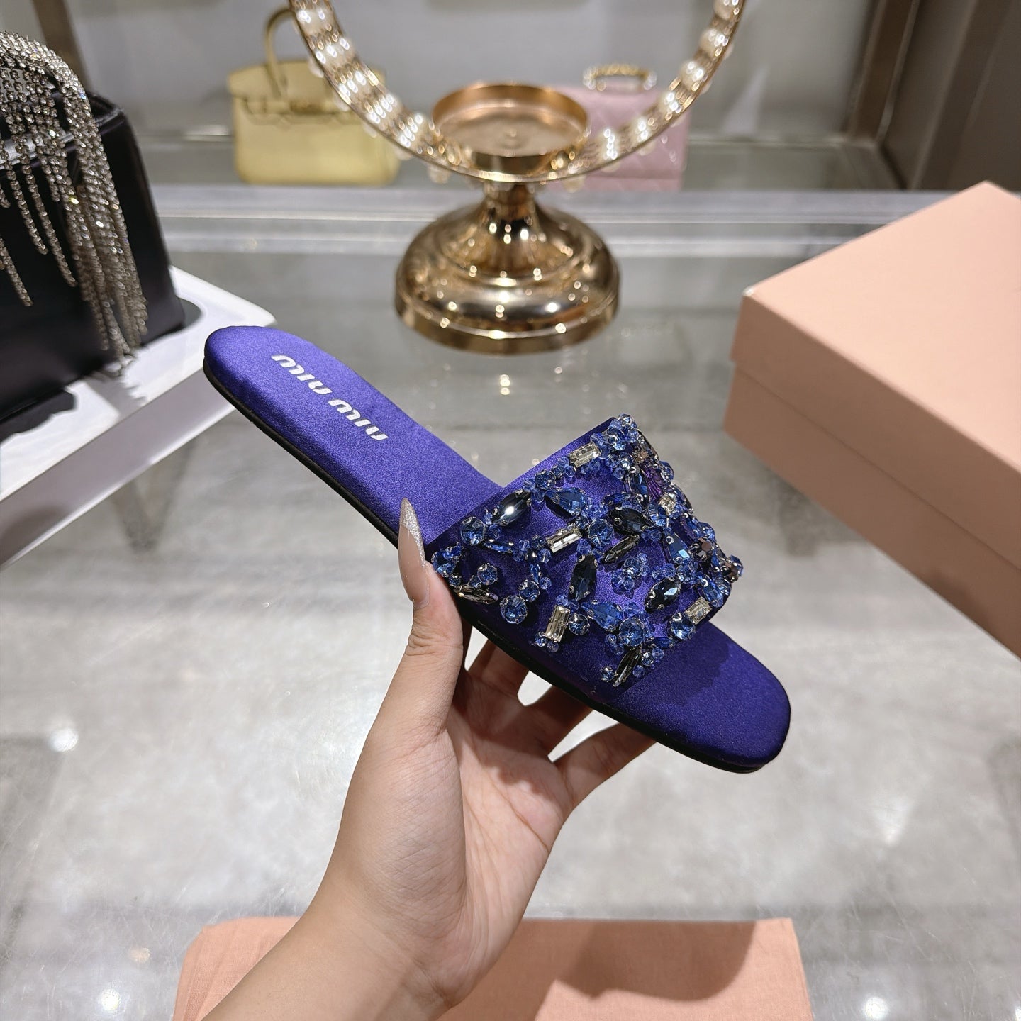 MIUMIU 26S SANDALS IN PURPLE EMBELLISHED SILK