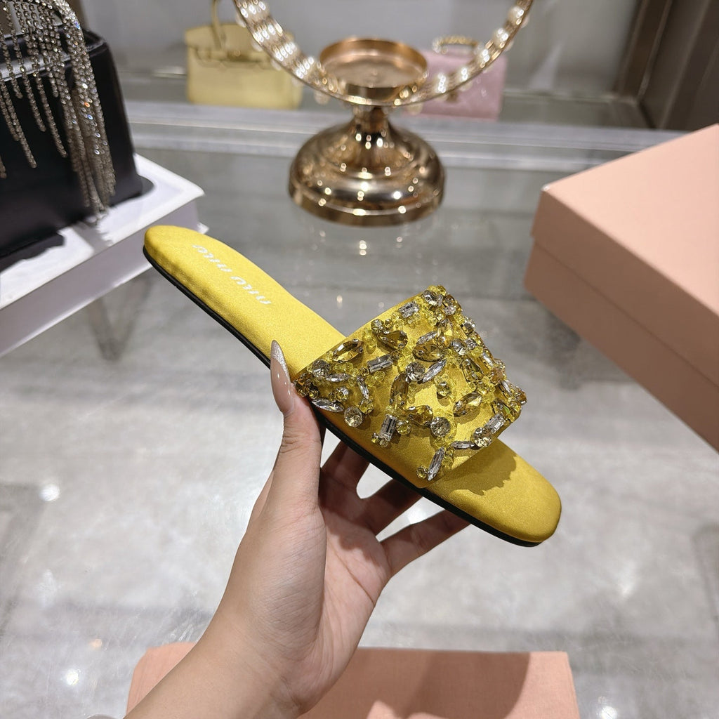 MIUMIU 26S SANDALS IN YELLOW EMBELLISHED SILK