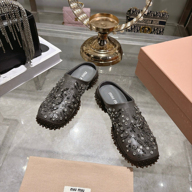 MIUMIU 26S CRYSTAL-EMBROIDERED MULES IN DARK BROWNISH GREY CALFSKIN