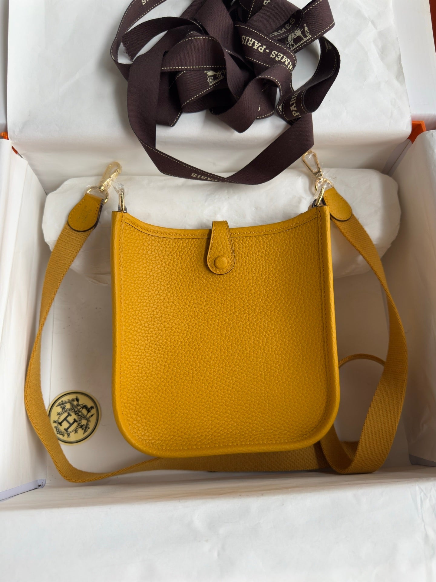 HM 25S EVELYNE 17 CM IN DARK YELLOW COWHIDE WITH GOLD HARDWARE