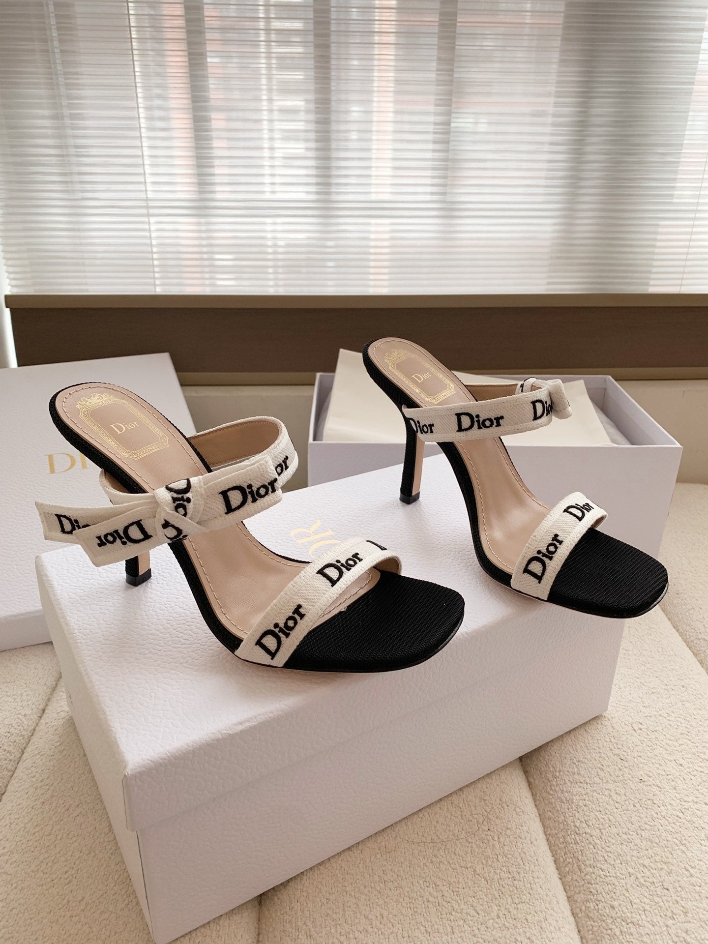DIOR HEELED SANDALS 100MM WITH J'ADIOR STRAPS IN BLACK CALFSKIN