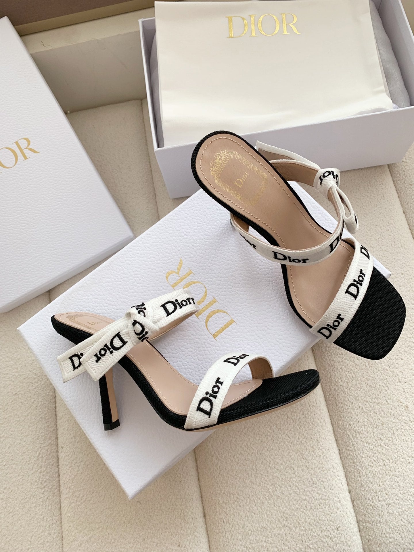 HEELED SANDALS 100MM WITH J'ADIOR STRAPS IN BLACK CALFSKIN