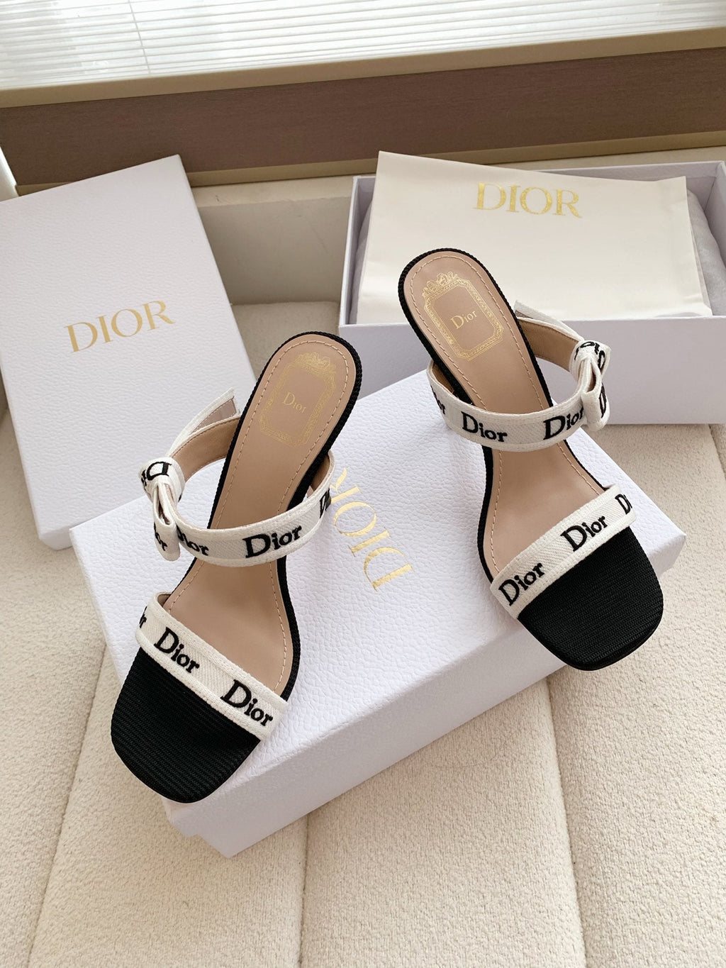 DIOR HEELED SANDALS 100MM WITH J'ADIOR STRAPS IN BLACK CALFSKIN