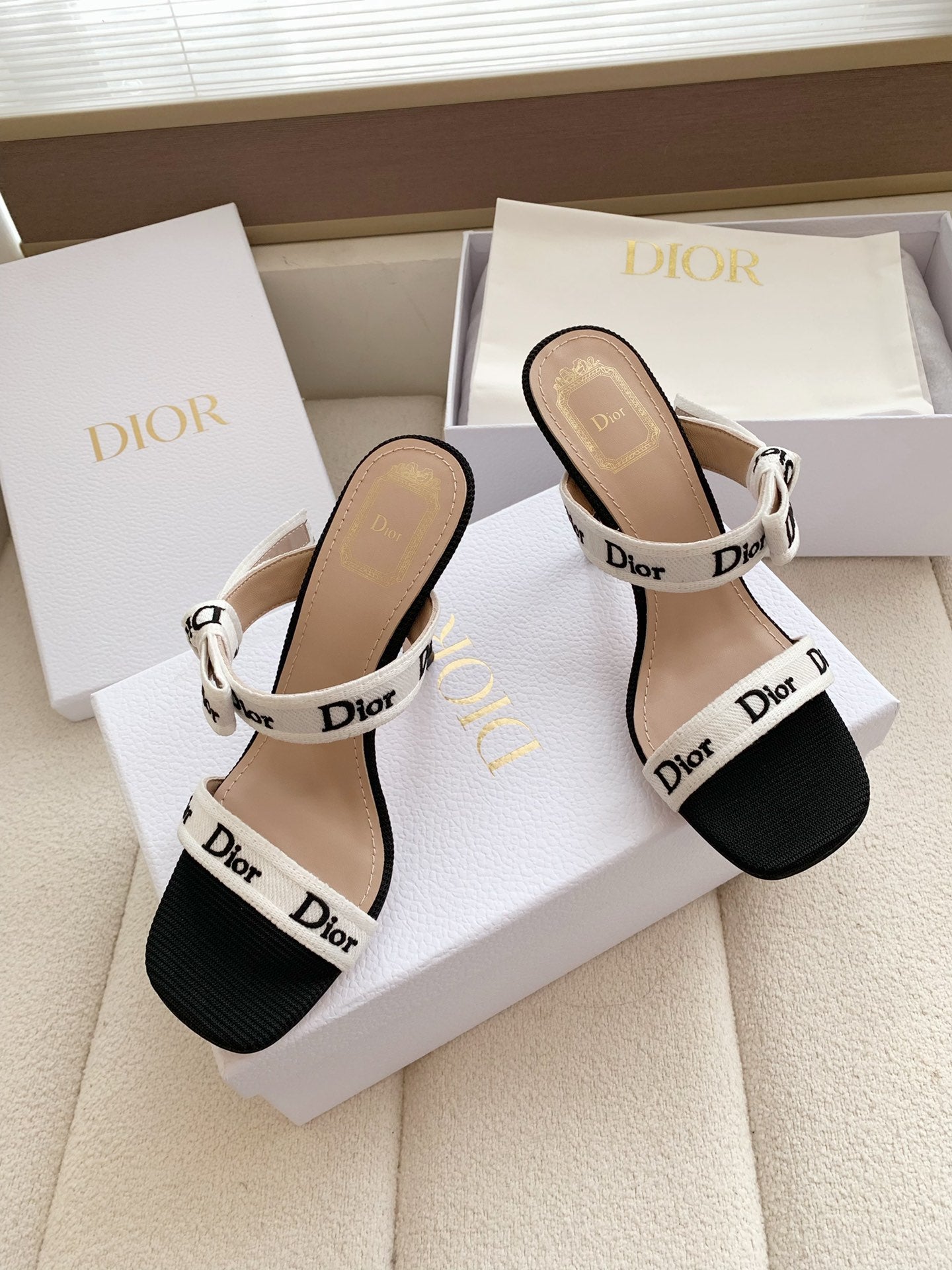 DIOR HEELED SANDALS 100MM WITH J'ADIOR STRAPS IN BLACK CALFSKIN
