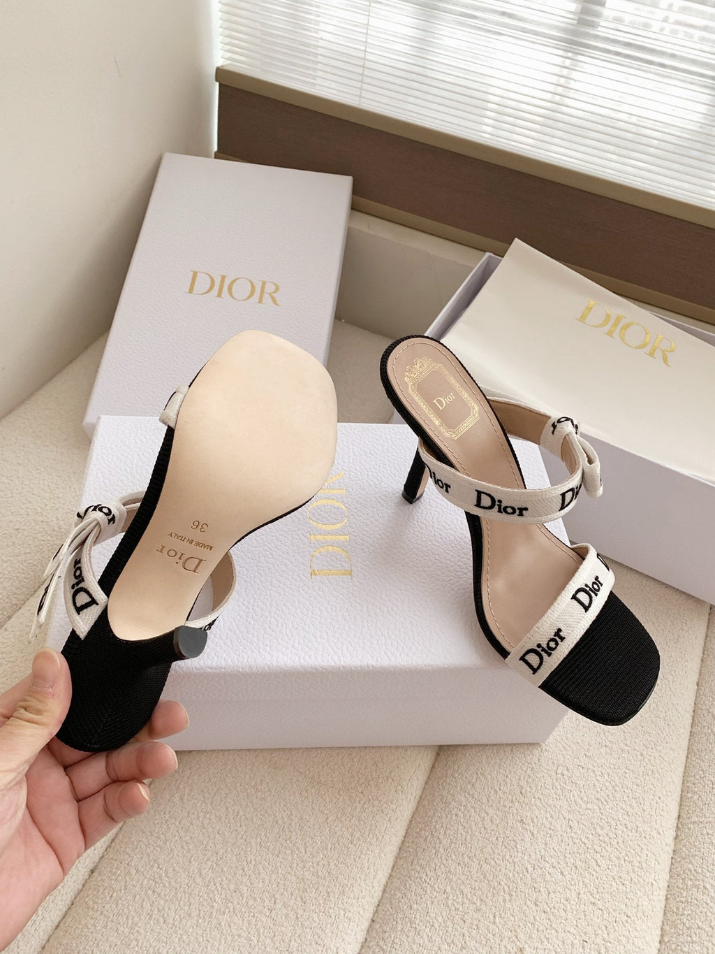 HEELED SANDALS 100MM WITH J'ADIOR STRAPS IN BLACK CALFSKIN