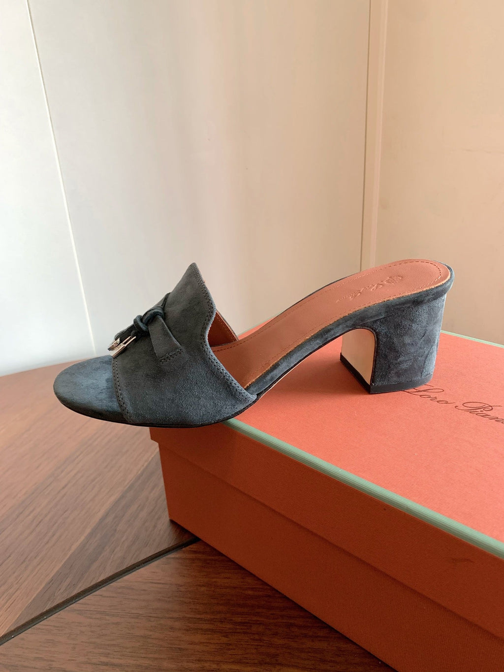 LP 26S SUMMER MULE HEELS 60MM IN DARK GREY SUEDE GOLD HARDWARE