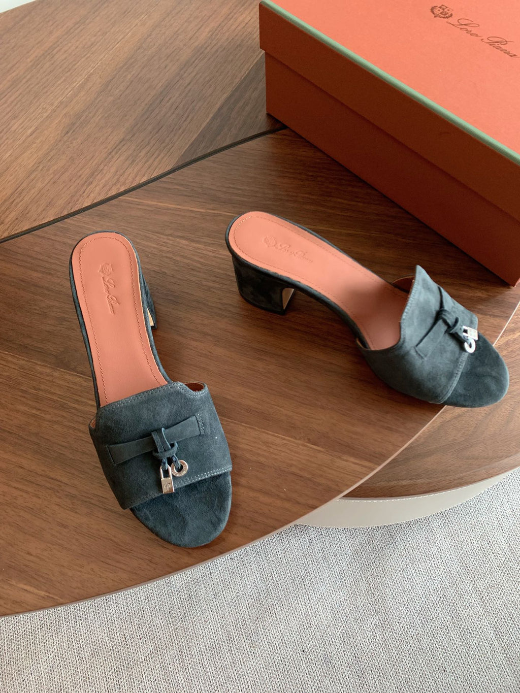 LP 26S SUMMER MULE HEELS 60MM IN DARK GREY SUEDE GOLD HARDWARE