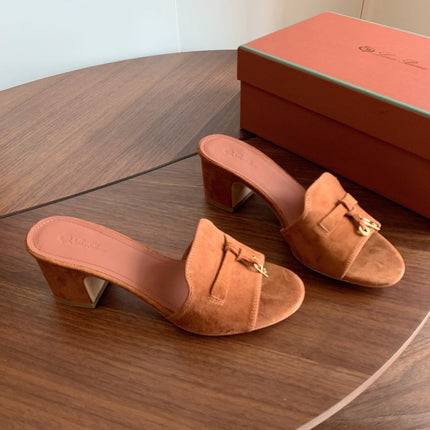 LP 26S SUMMER MULE HEELS 60MM IN CARAMEL BROWN SUEDE GOLD HARDWARE