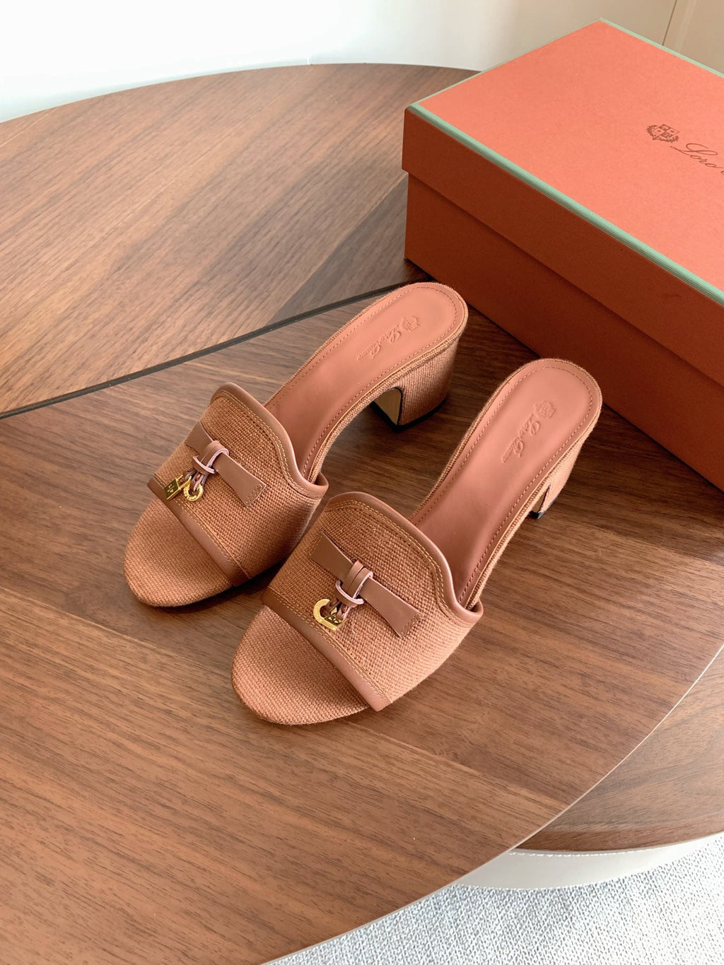 LP 26S SUMMER MULE HEELS 60MM IN DUSTY ROSE BROWN CANVAS AND CALFSKIN GOLD HARDWARE