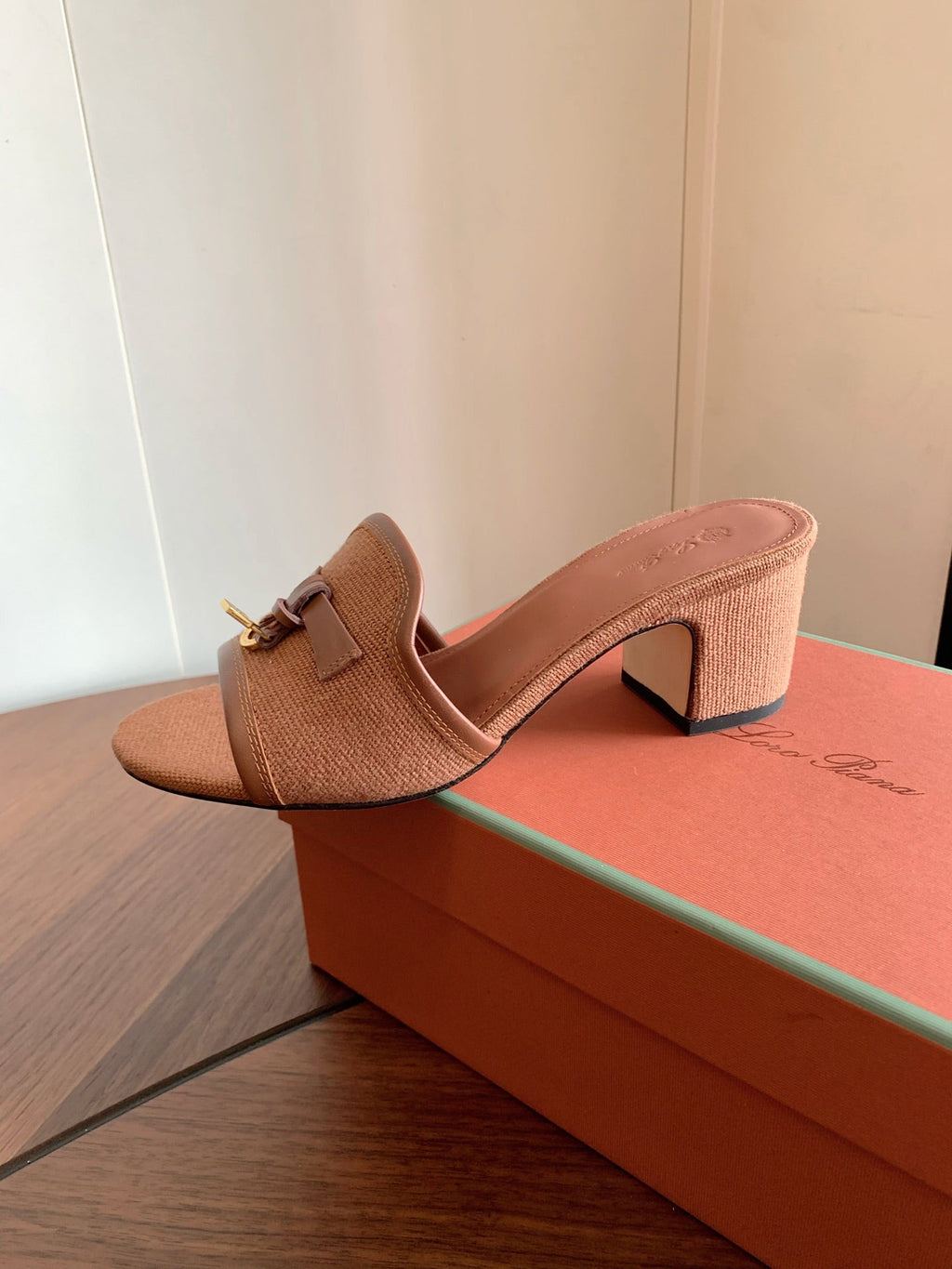 LP 26S SUMMER MULE HEELS 60MM IN DUSTY ROSE BROWN CANVAS AND CALFSKIN GOLD HARDWARE