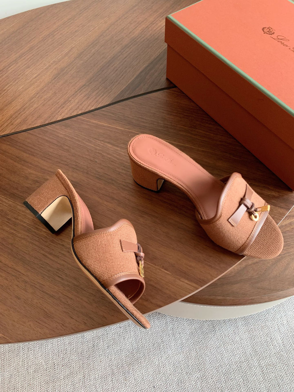 LP 26S SUMMER MULE HEELS 60MM IN DUSTY ROSE BROWN CANVAS AND CALFSKIN GOLD HARDWARE