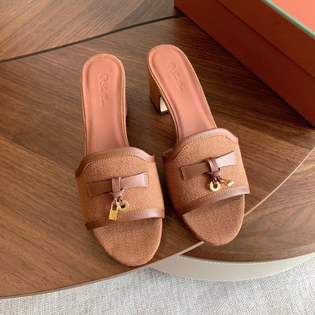 LP 26S SUMMER MULE HEELS 60MM IN DUSTY ROSE BROWN CANVAS AND CALFSKIN GOLD HARDWARE