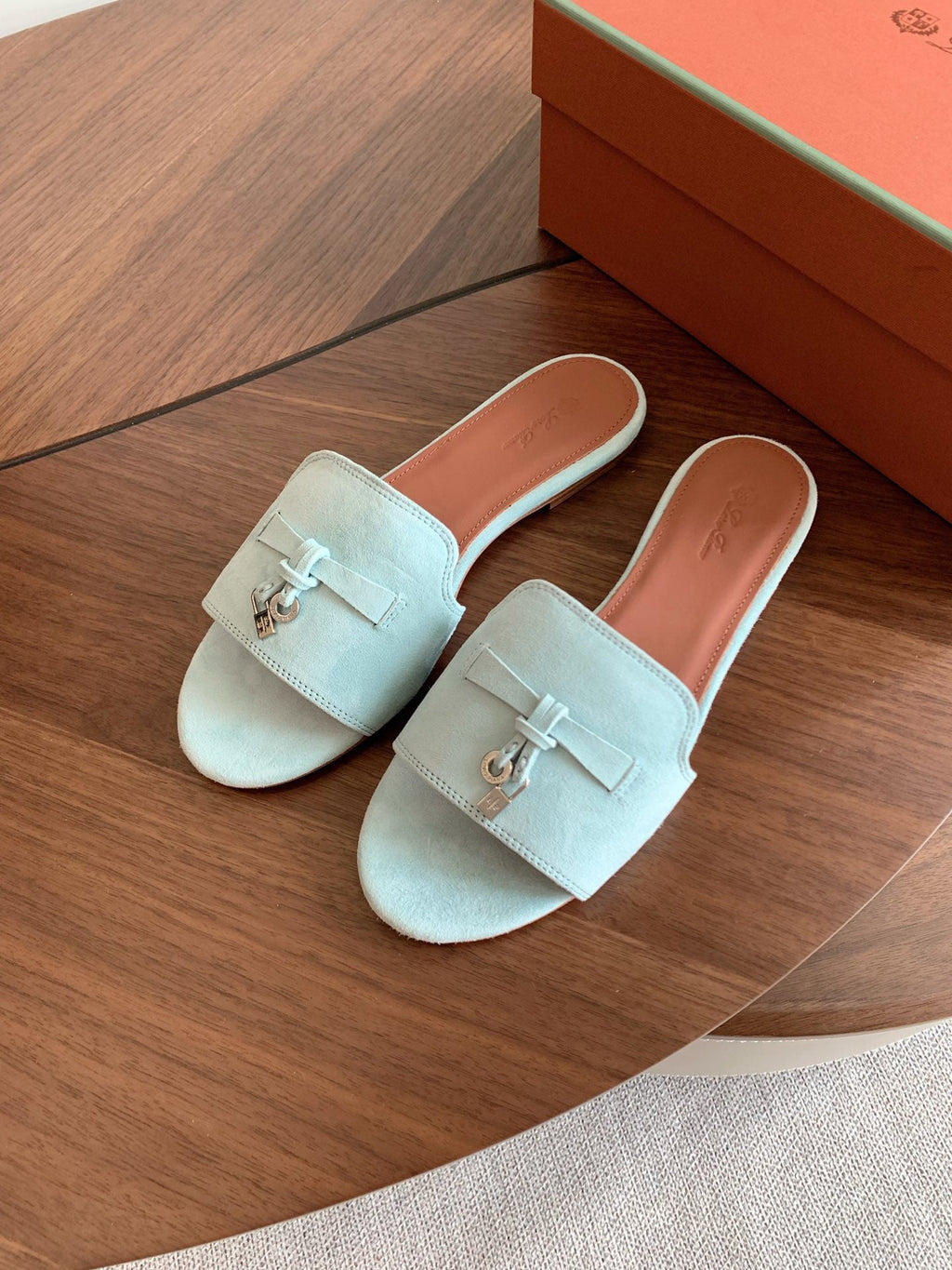 LP 26S SUMMER CHARMS SLIDES IN MINT BLUE SUEDE SILVER HARDWARE