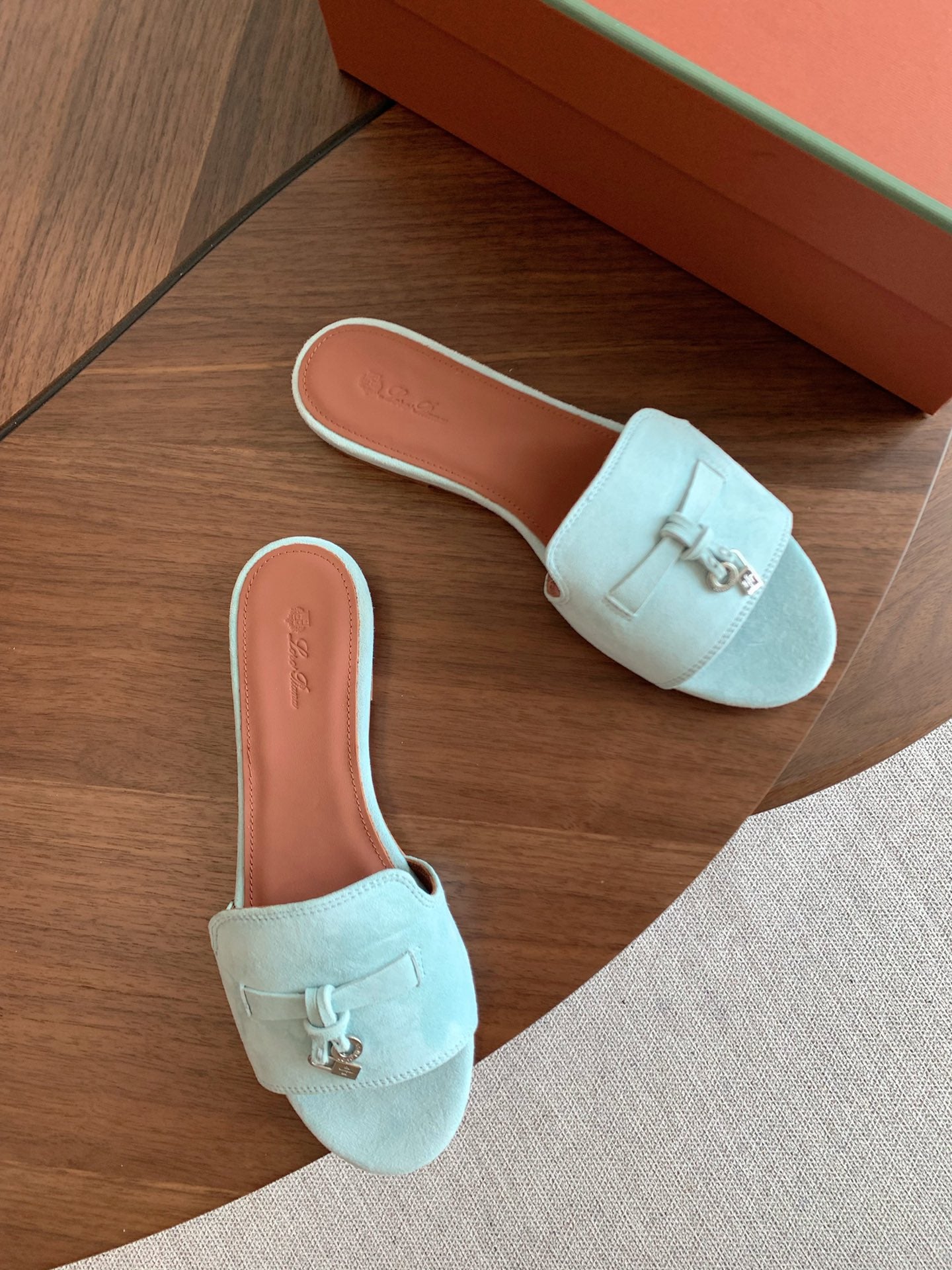 LP 26S SUMMER CHARMS SLIDES IN MINT BLUE SUEDE SILVER HARDWARE