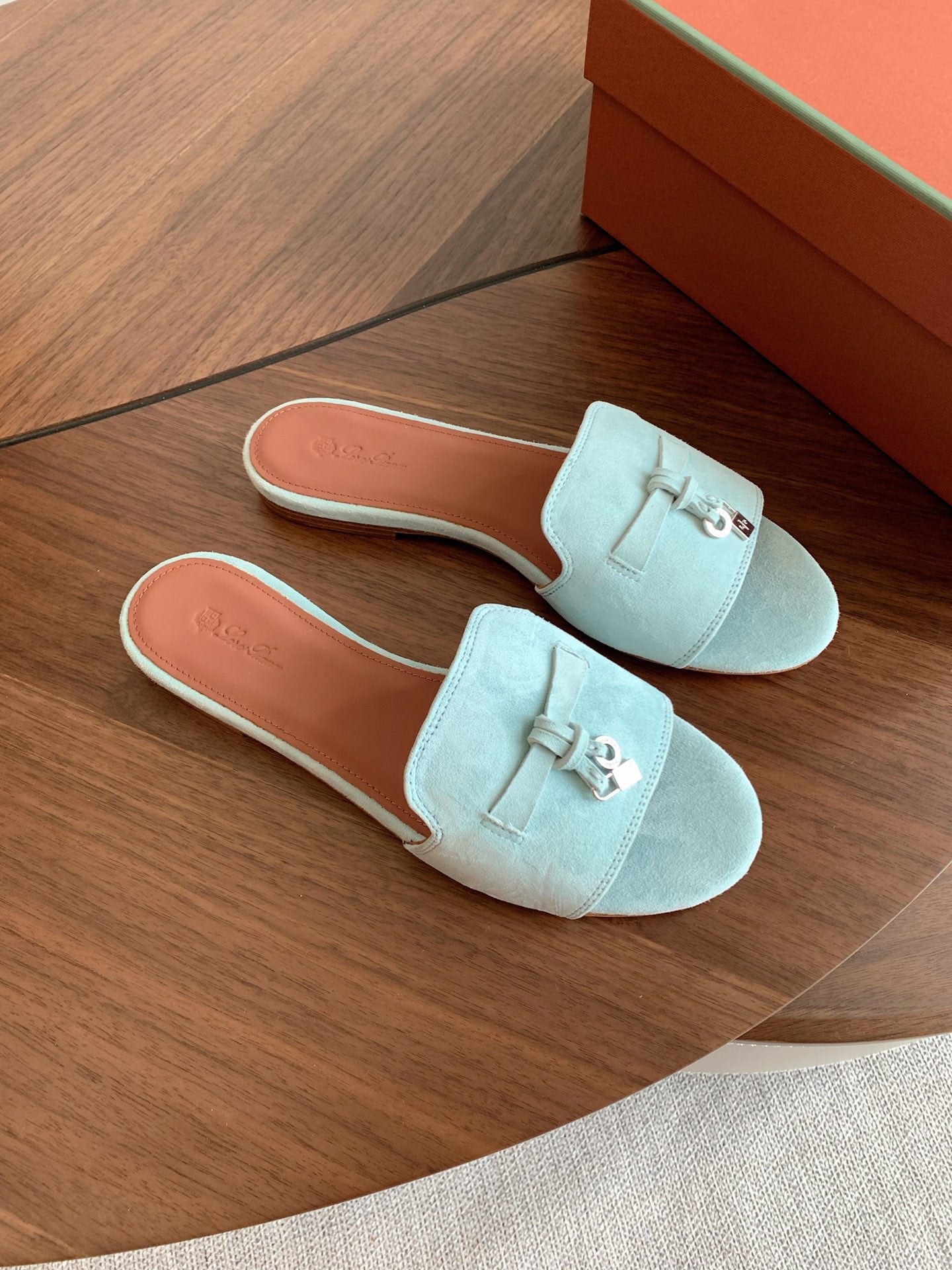 LP 26S SUMMER CHARMS SLIDES IN MINT BLUE SUEDE SILVER HARDWARE