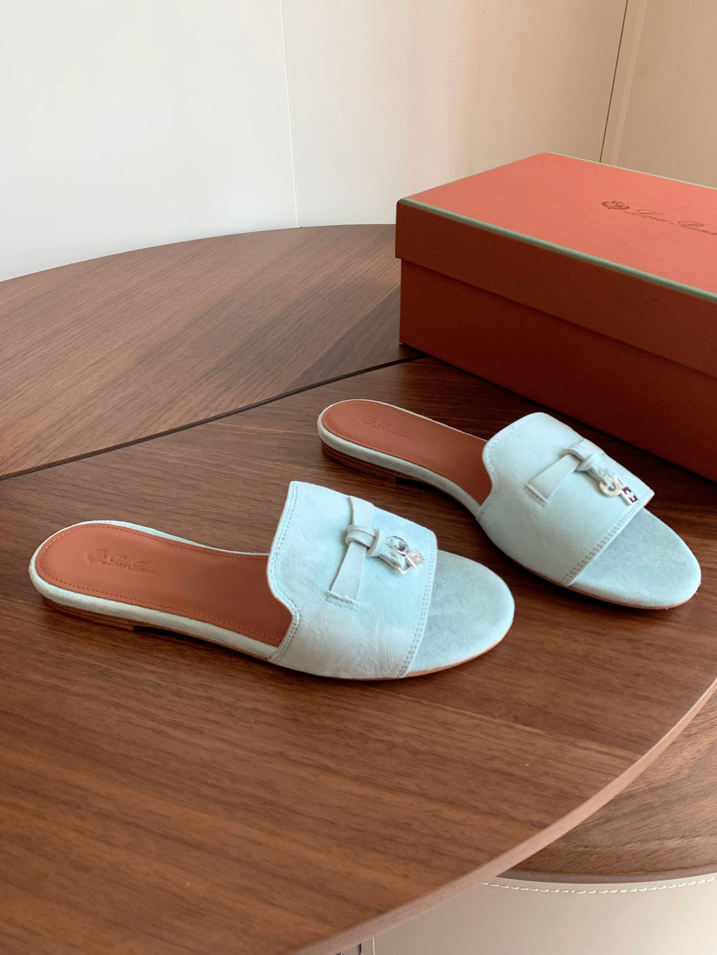 LP 26S SUMMER CHARMS SLIDES IN MINT BLUE SUEDE SILVER HARDWARE
