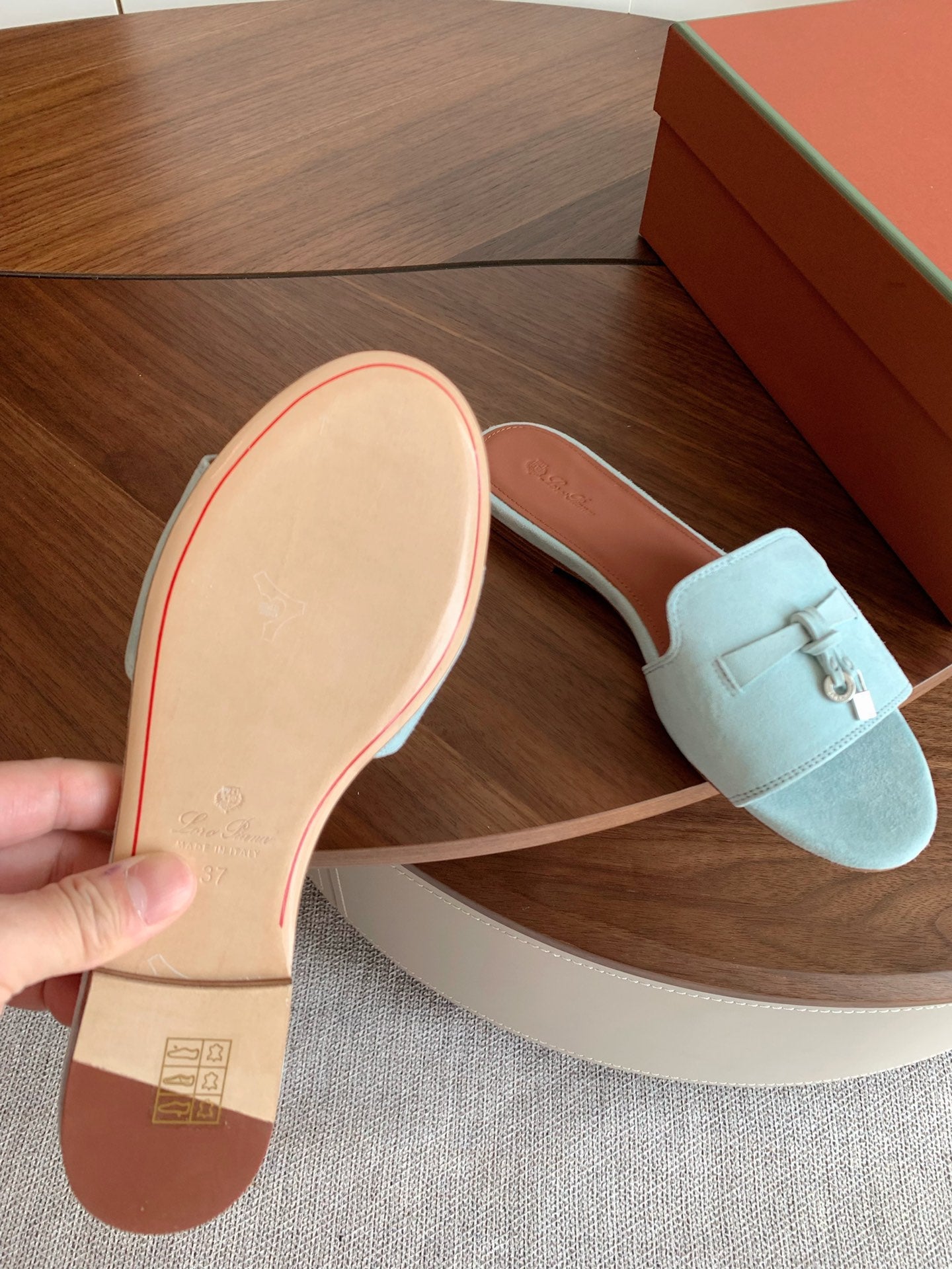 LP 26S SUMMER CHARMS SLIDES IN MINT BLUE SUEDE SILVER HARDWARE