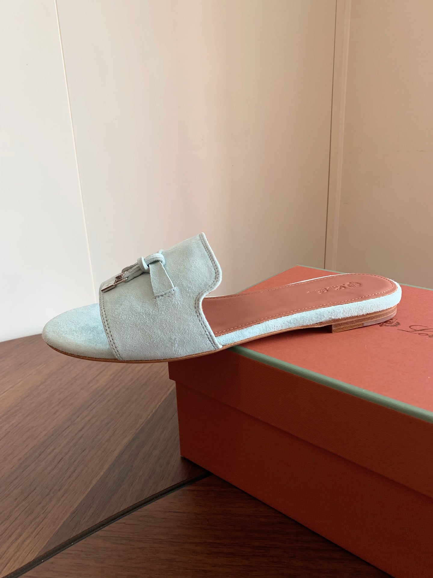 LP 26S SUMMER CHARMS SLIDES IN MINT BLUE SUEDE SILVER HARDWARE
