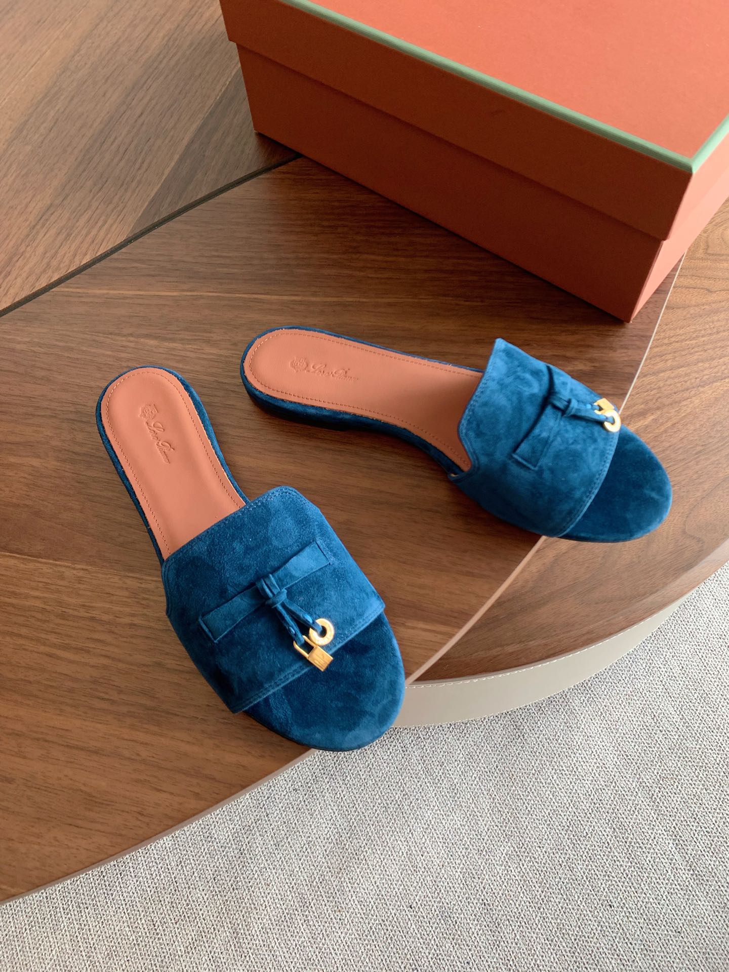 LP 26S SUMMER CHARMS SLIDES IN DARK BLUE SUEDE GOLD HARDWARE