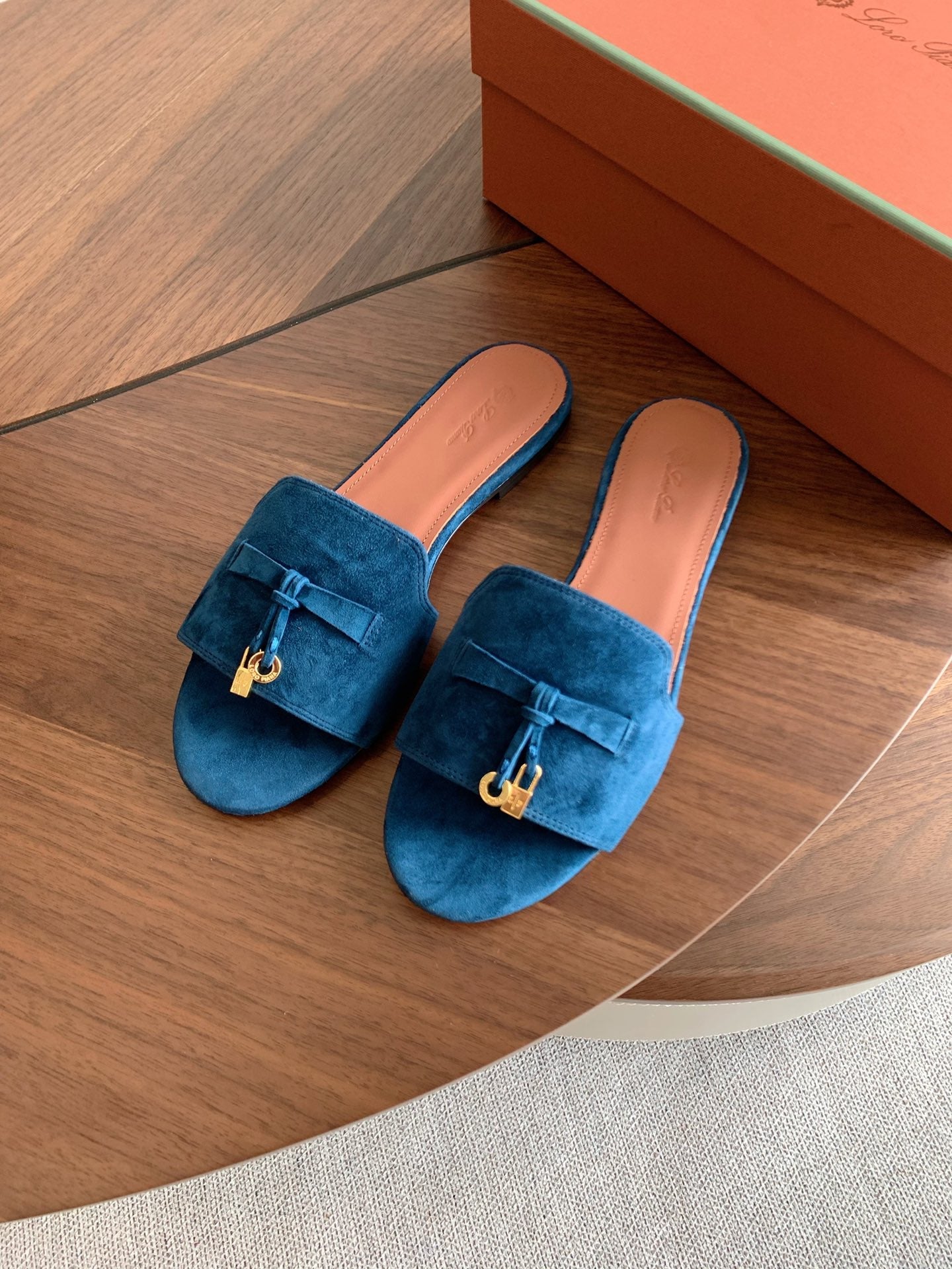 LP 26S SUMMER CHARMS SLIDES IN DARK BLUE SUEDE GOLD HARDWARE