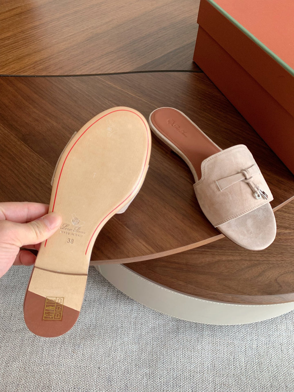 LP 26S SUMMER CHARMS SLIDES IN LIGHT GREY SUEDE GOLD HARDWARE