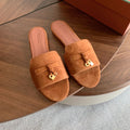 LP 26S SUMMER CHARMS SLIDES IN CARAMEL BROWN SUEDE GOLD HARDWARE