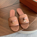 LP 26S SUMMER CHARMS SLIDES IN CARAMEL BROWN CANVAS AND CALFSKIN GOLD HARDWARE