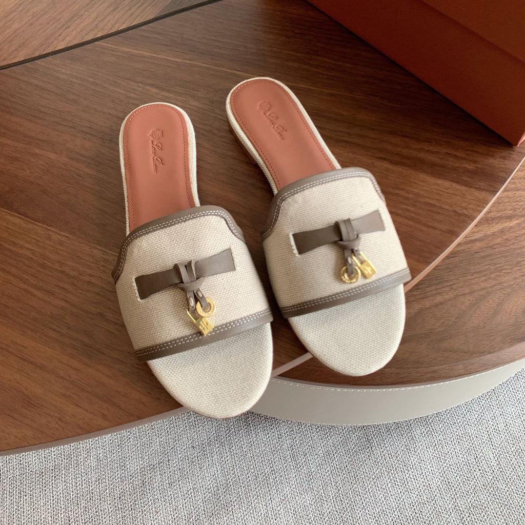 LP 26S SUMMER CHARMS SLIDES IN BEIGE CANVAS AND TAUPE BROWN CALFSKIN GOLD HARDWARE