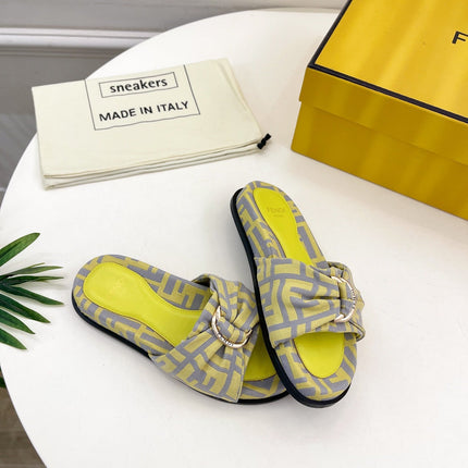FENDI FLAT SLIPPER IN YELLOW MIX GREY MONOGRAM JACQUARD FABRIC WITH GOLD HARDWARE