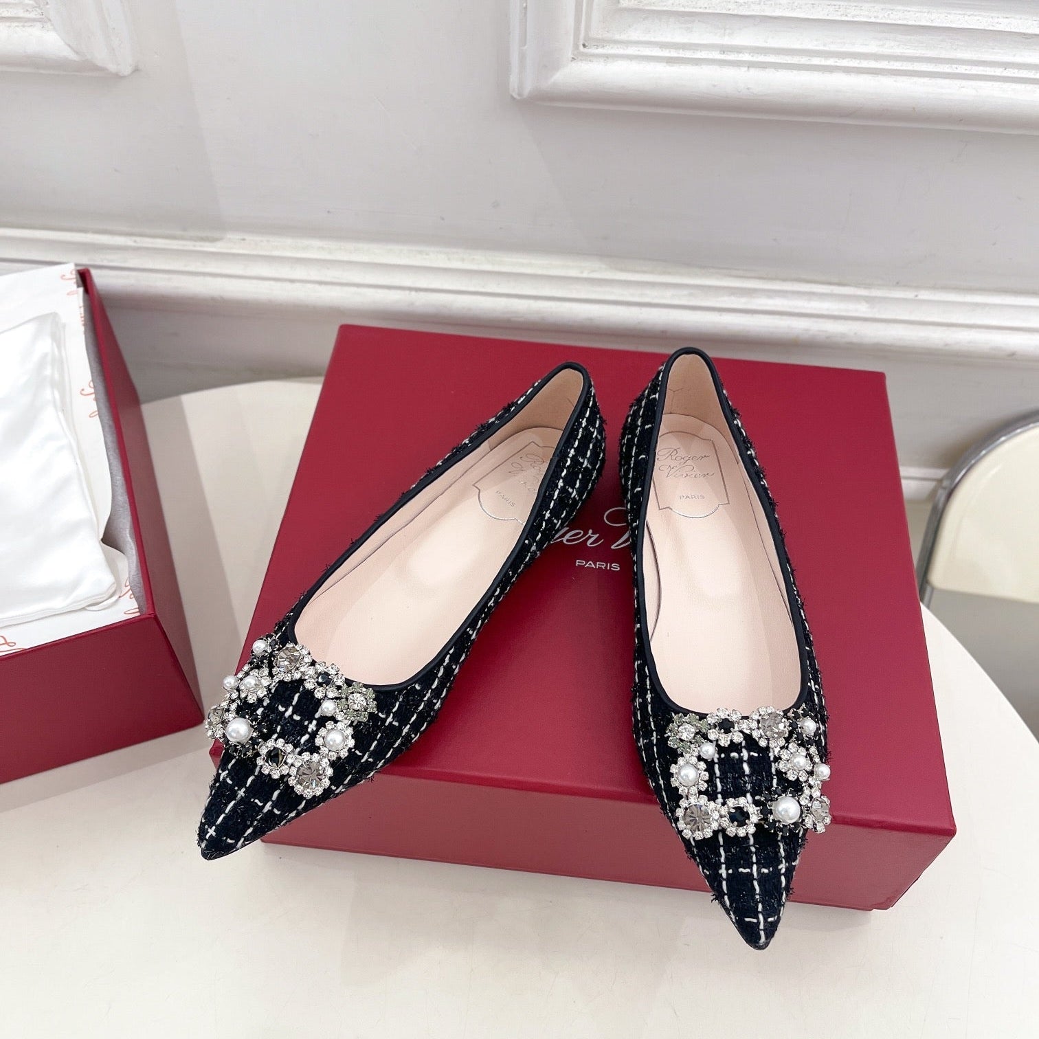 EFFLORESCENCE BALLERINAS IN BLACK TWEED WITH FINE WHITE STRIPES EMBELLISHED CRYSTALS