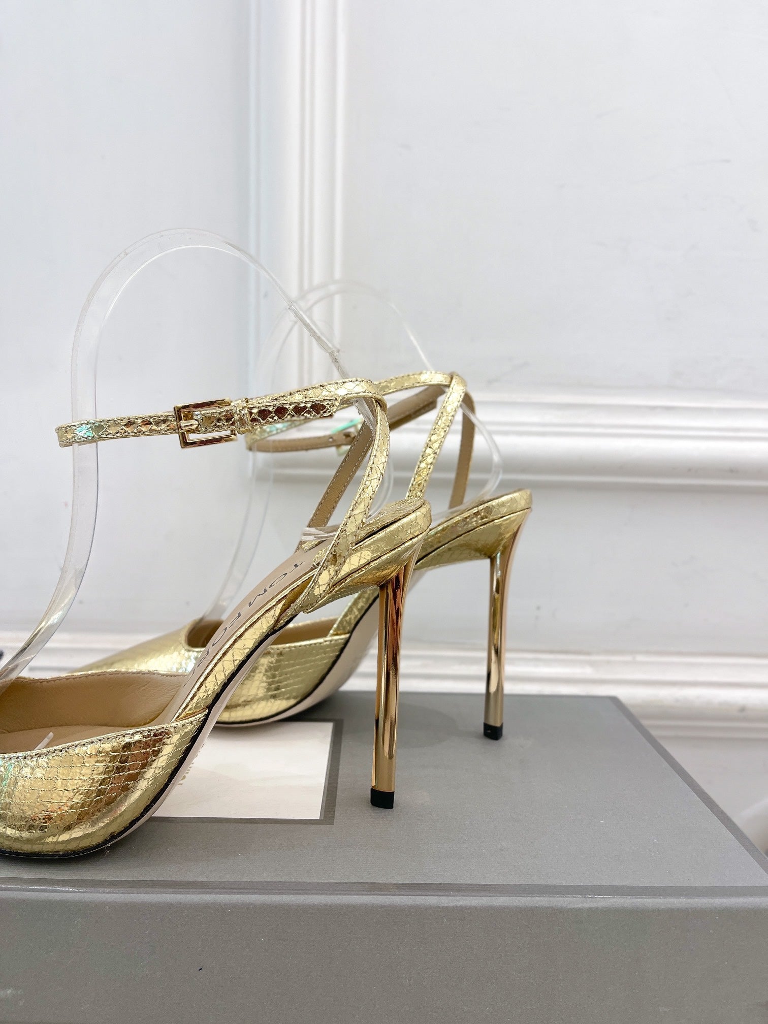 HIGH SLINGBACKS 10 CM IN GOLD SNAKE-PATTERN CALFSKIN
