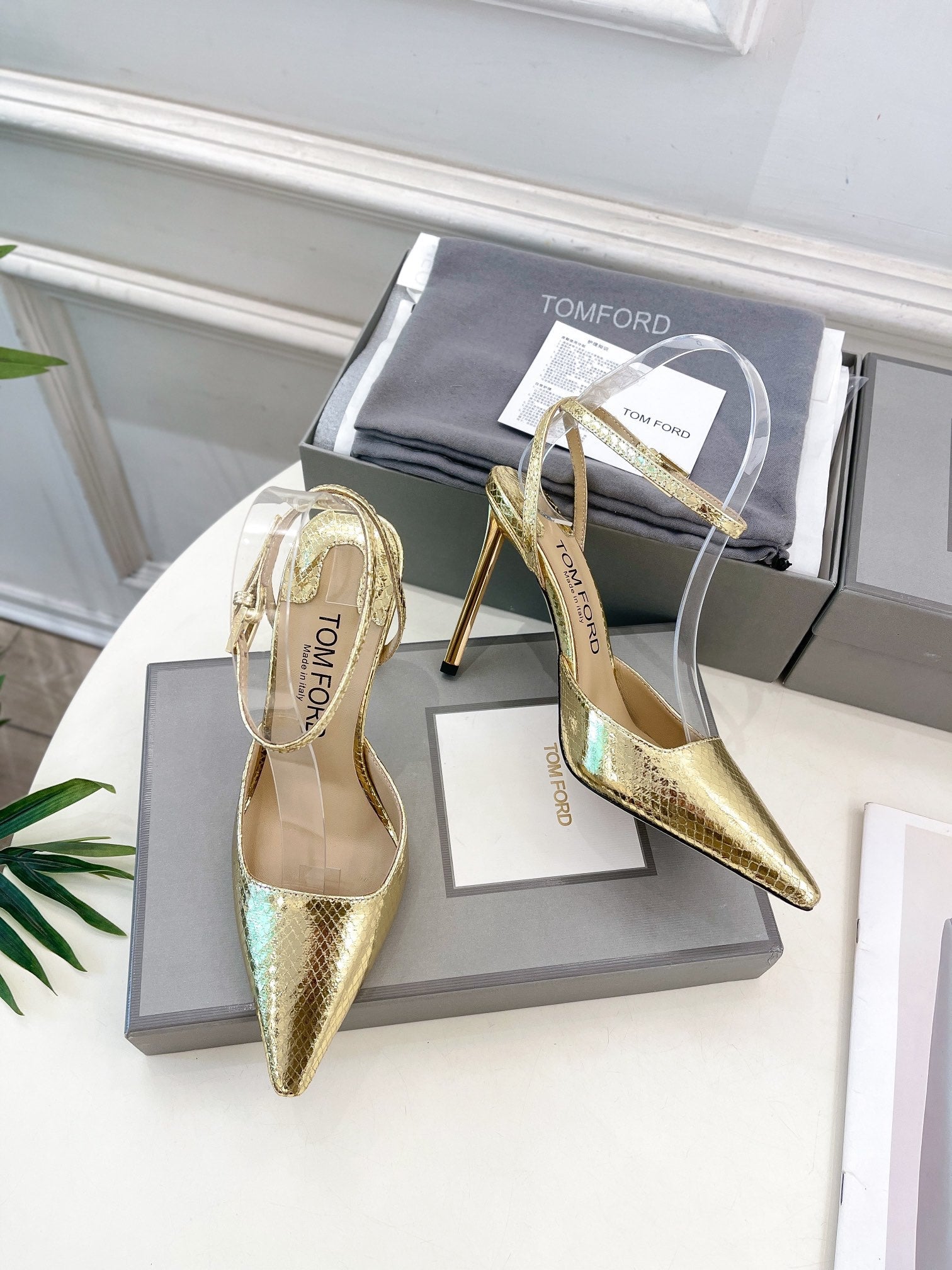HIGH SLINGBACKS 10 CM IN GOLD SNAKE-PATTERN CALFSKIN