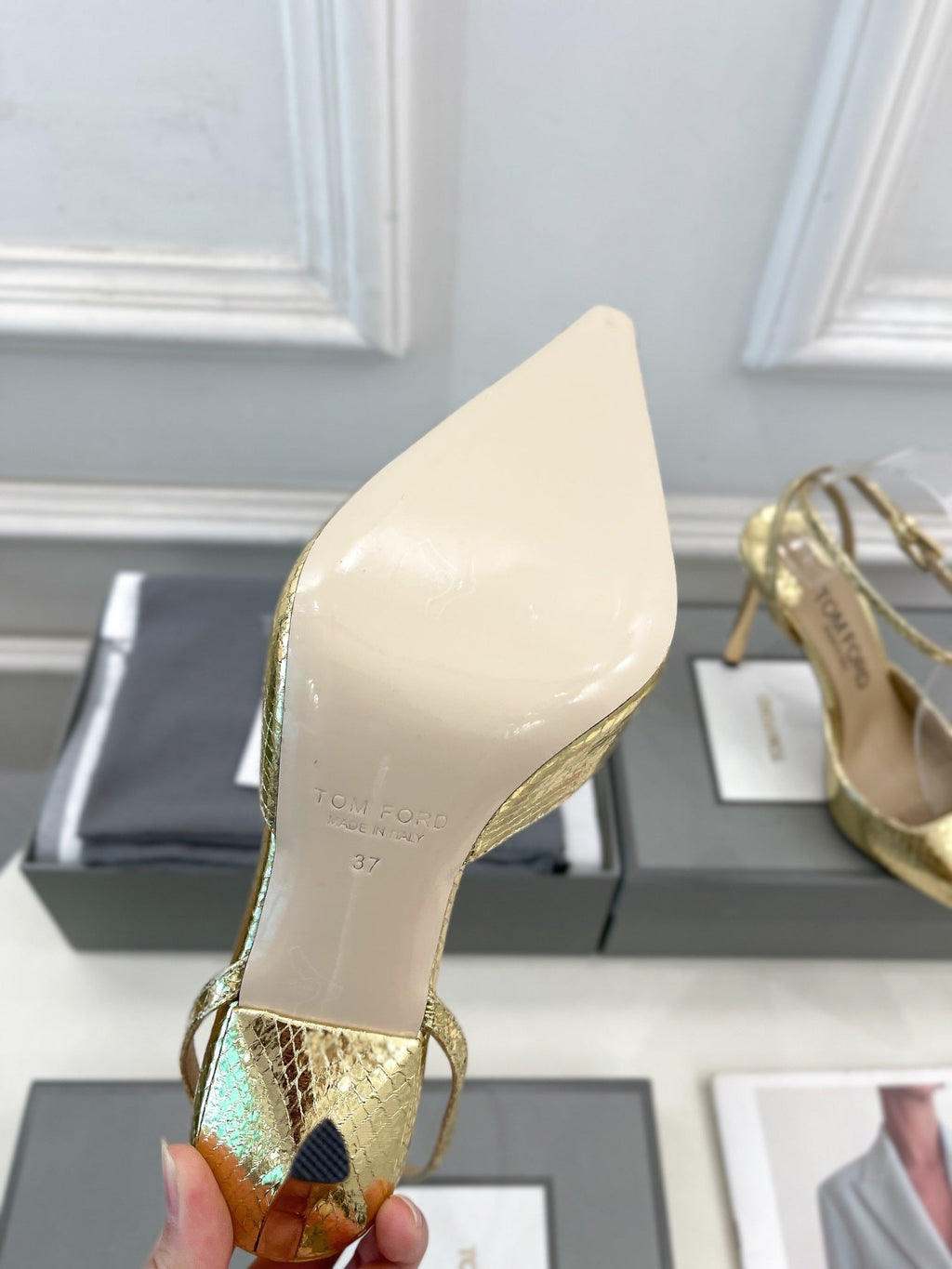 HIGH SLINGBACKS 10 CM IN GOLD SNAKE-PATTERN CALFSKIN