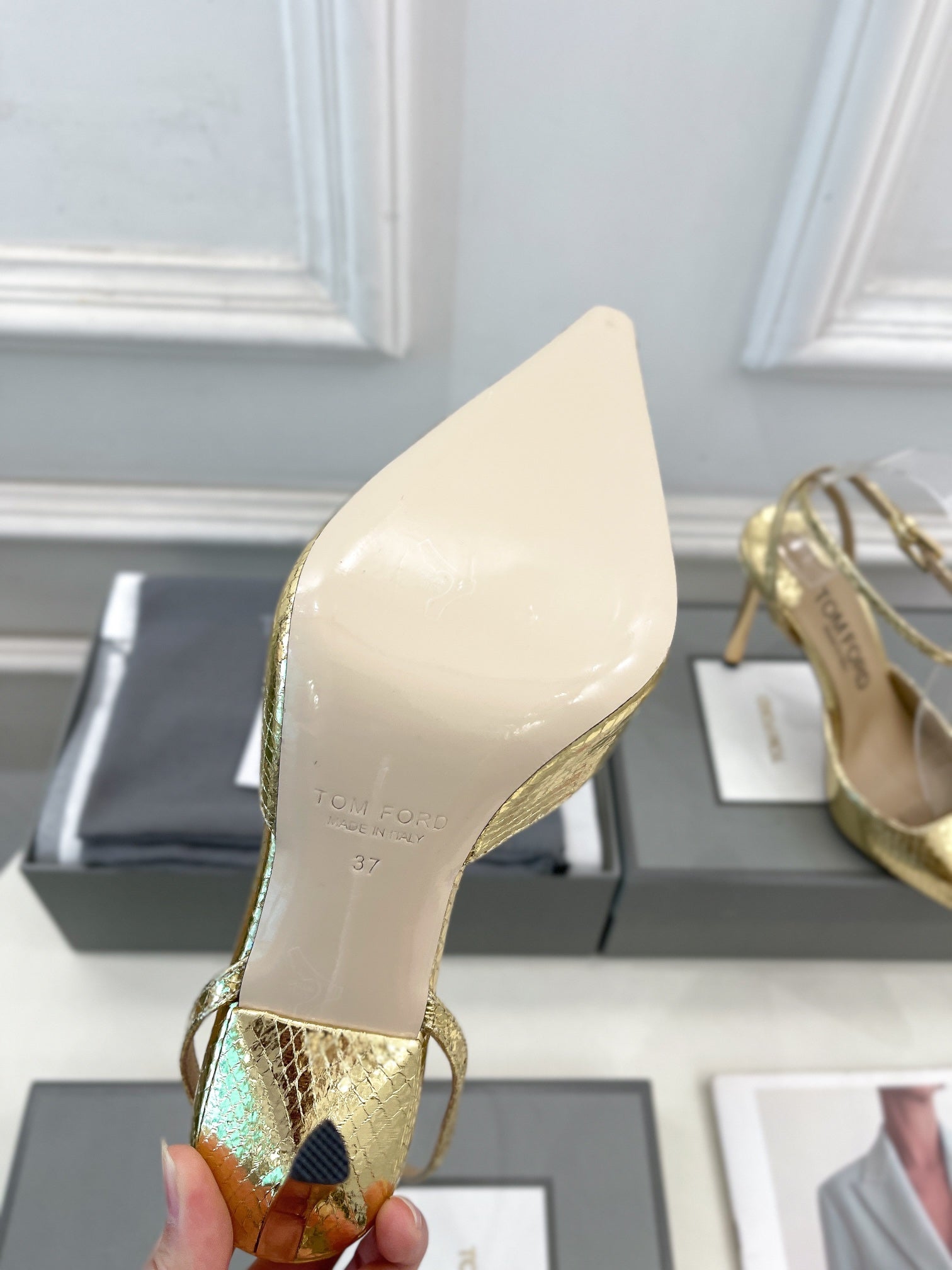 HIGH SLINGBACKS 10 CM IN GOLD SNAKE-PATTERN CALFSKIN