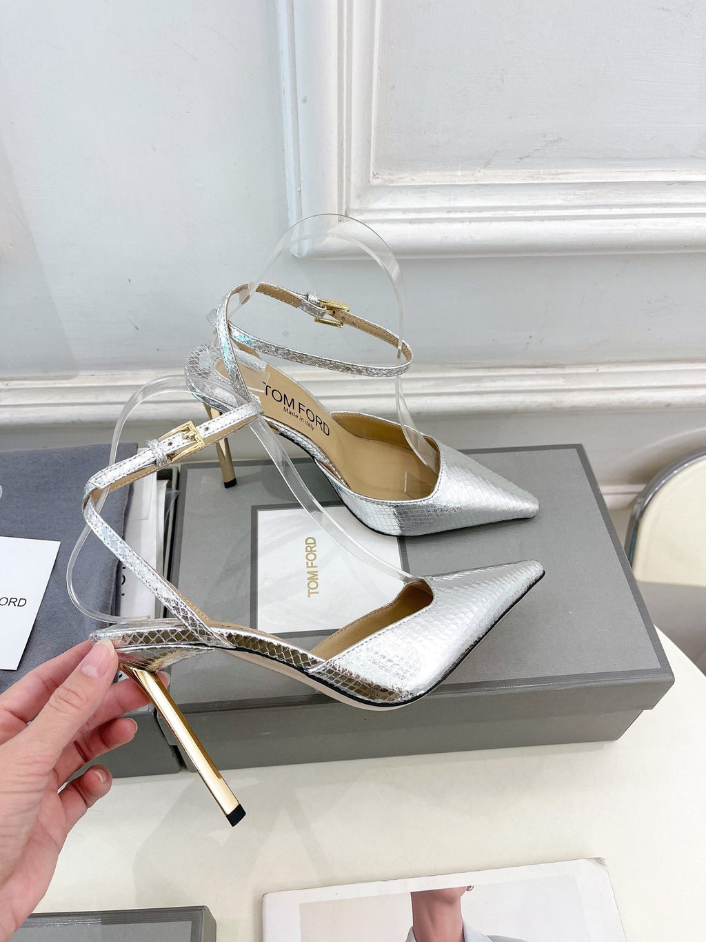 HIGH SLINGBACKS 10 CM IN SILVER SNAKE-PATTERN CALFSKIN