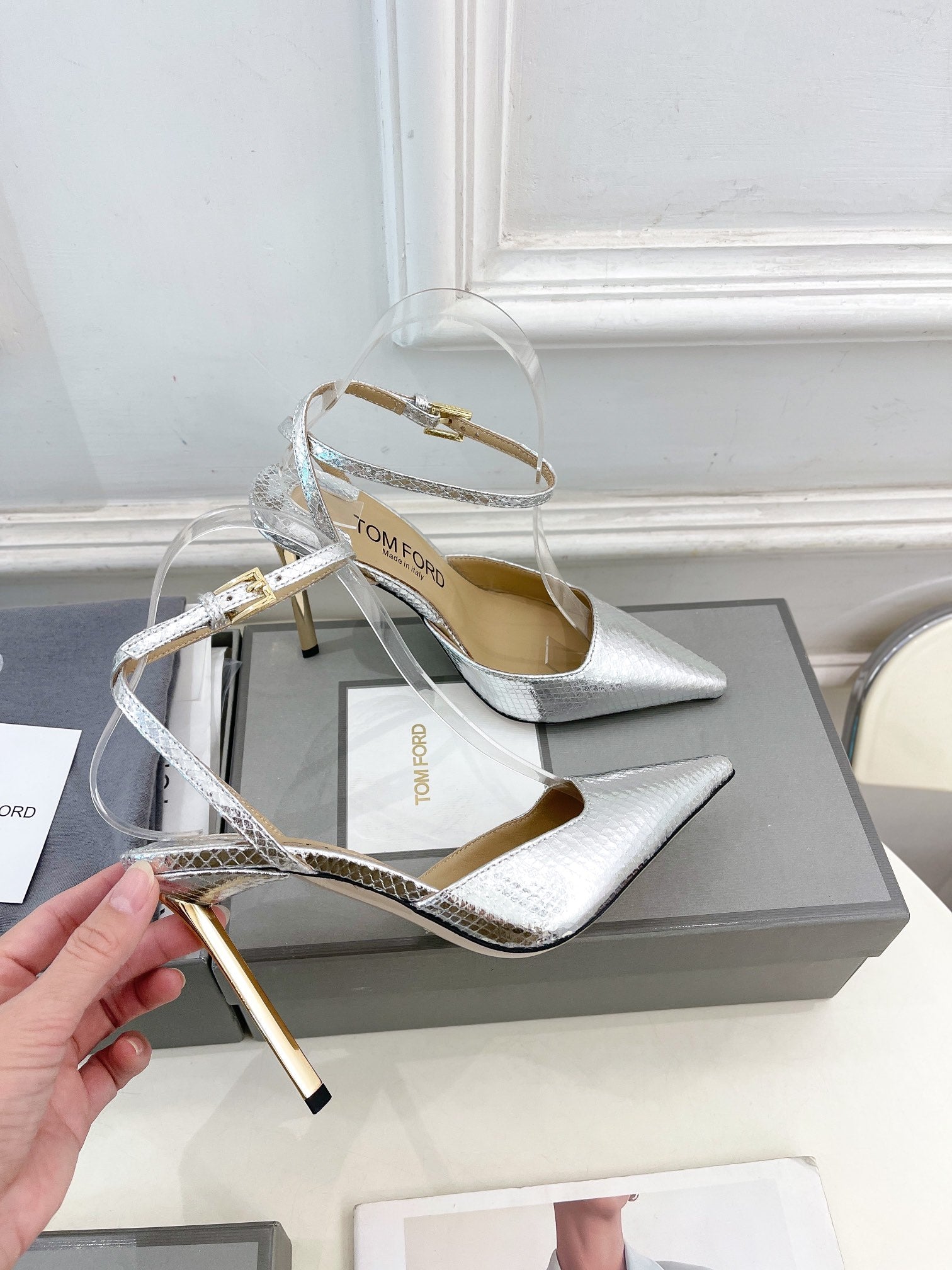 HIGH SLINGBACKS 10 CM IN SILVER SNAKE-PATTERN CALFSKIN