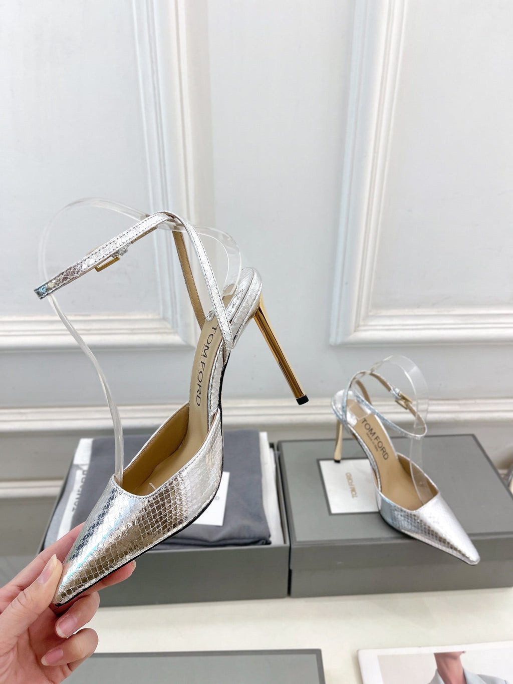 HIGH SLINGBACKS 10 CM IN SILVER SNAKE-PATTERN CALFSKIN