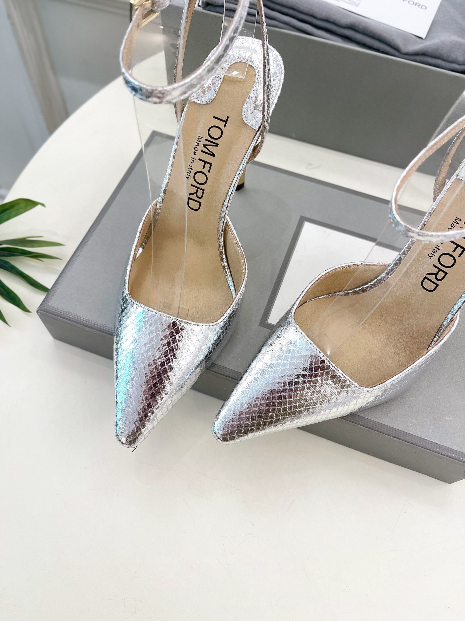 HIGH SLINGBACKS 10 CM IN SILVER SNAKE-PATTERN CALFSKIN