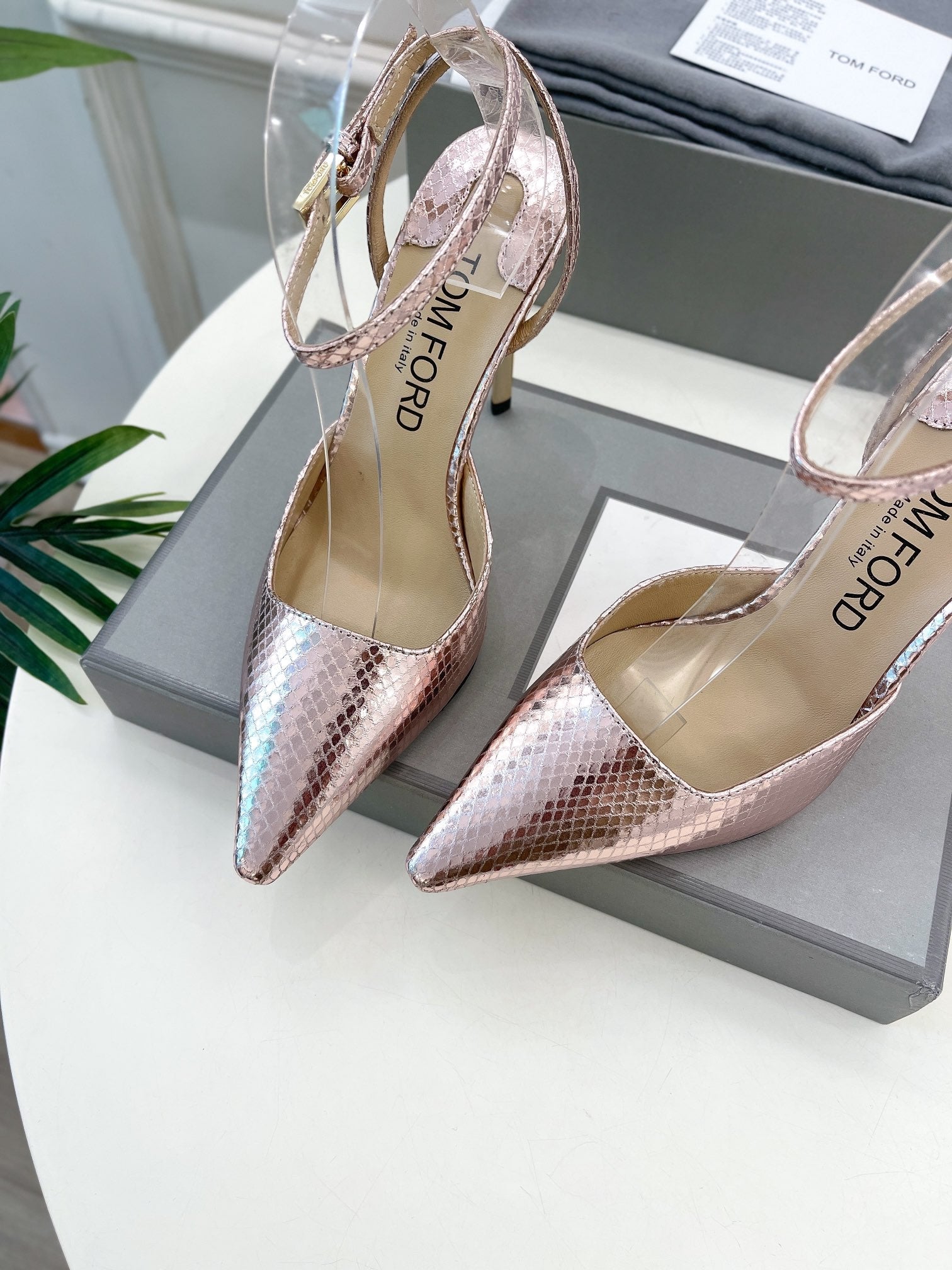 HIGH SLINGBACKS 10 CM IN LIGHT PINK SNAKE-PATTERN CALFSKIN