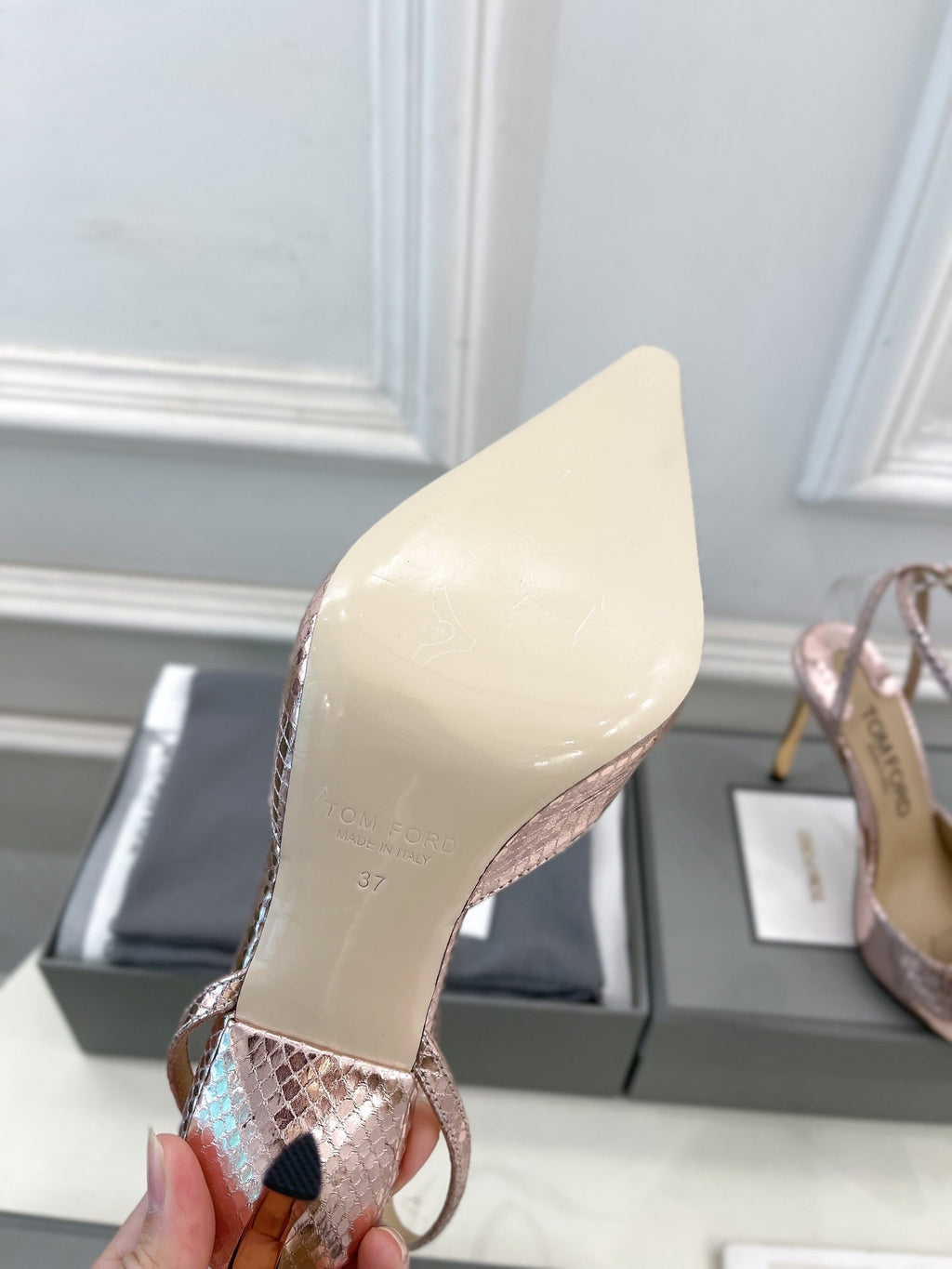 HIGH SLINGBACKS 10 CM IN LIGHT PINK SNAKE-PATTERN CALFSKIN