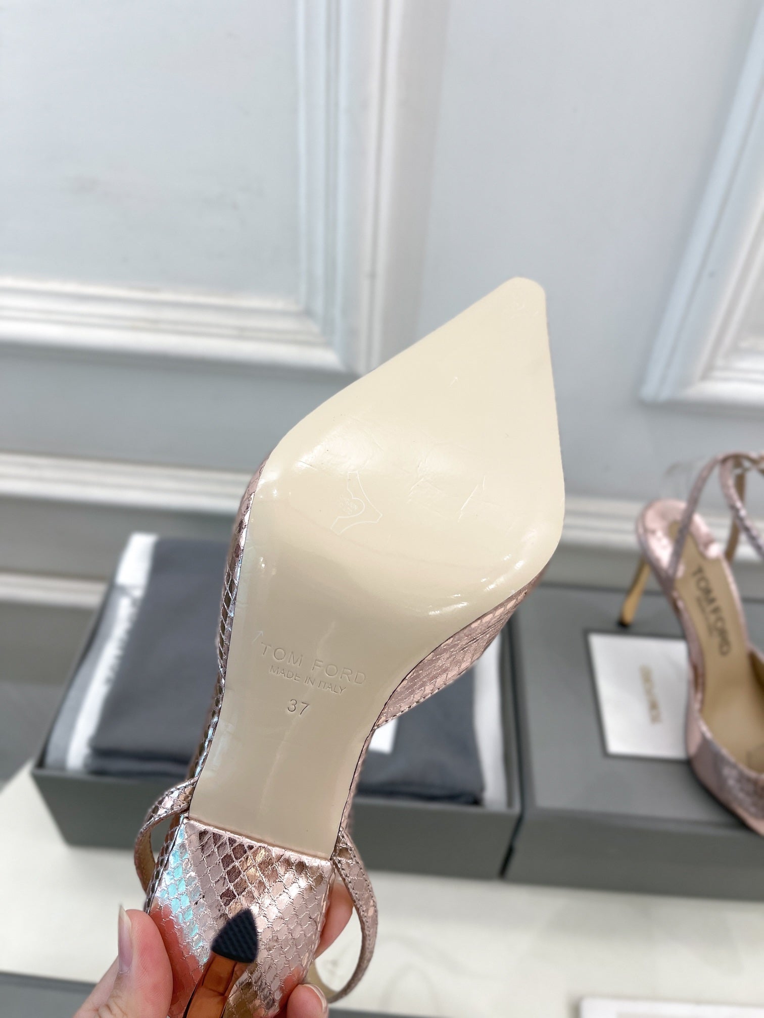 HIGH SLINGBACKS 10 CM IN LIGHT PINK SNAKE-PATTERN CALFSKIN