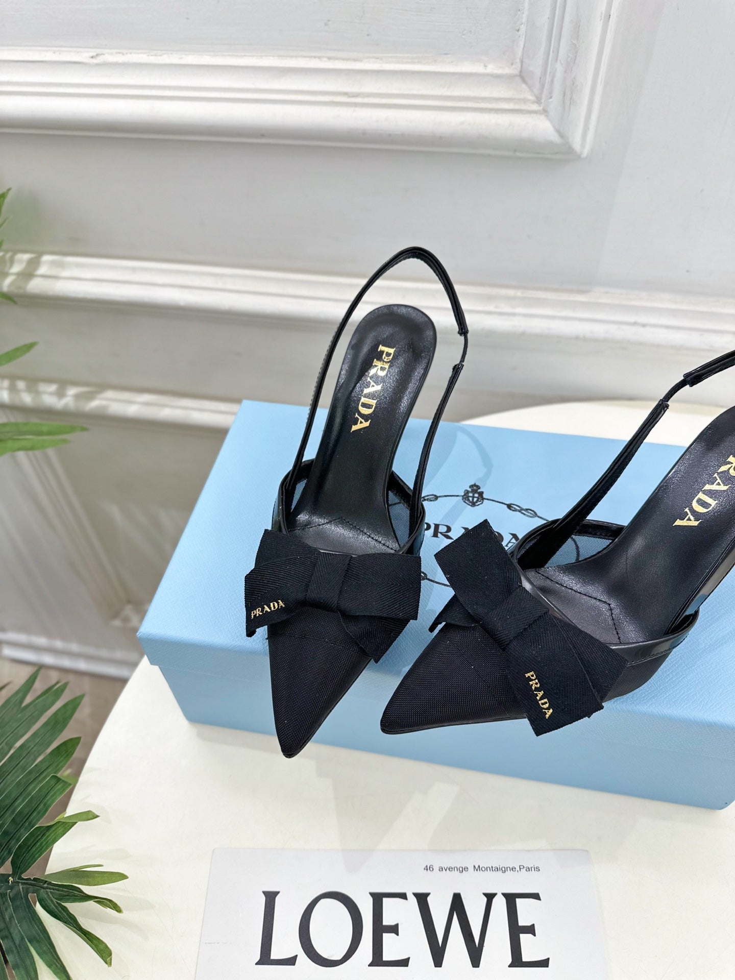PRADA 26S POINTED-TOE SLINGBACK HEELS 75MM IN BLACK MESH WITH BLACK BOW