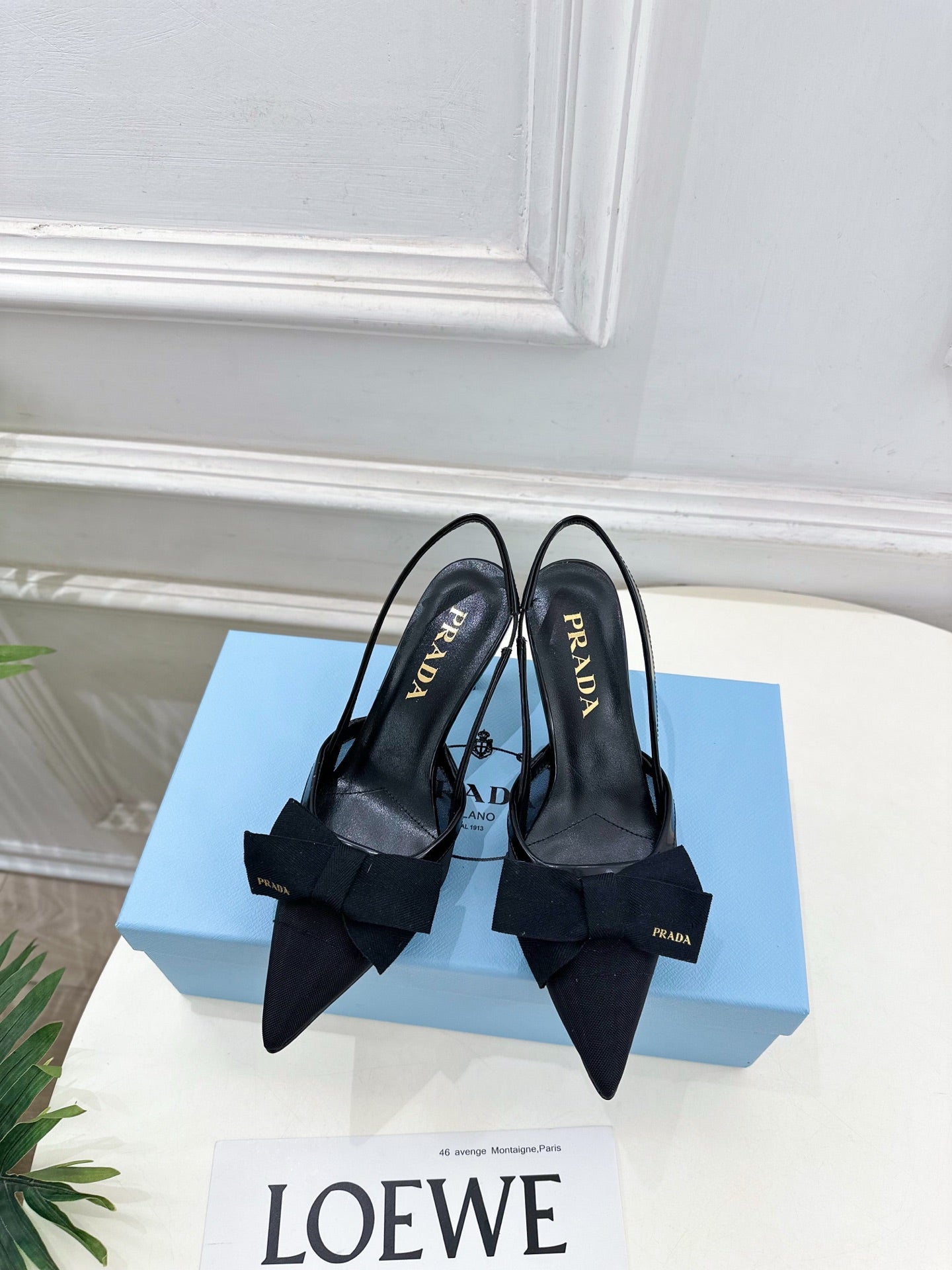 PRADA 26S POINTED-TOE SLINGBACK HEELS 75MM IN BLACK MESH WITH BLACK BOW