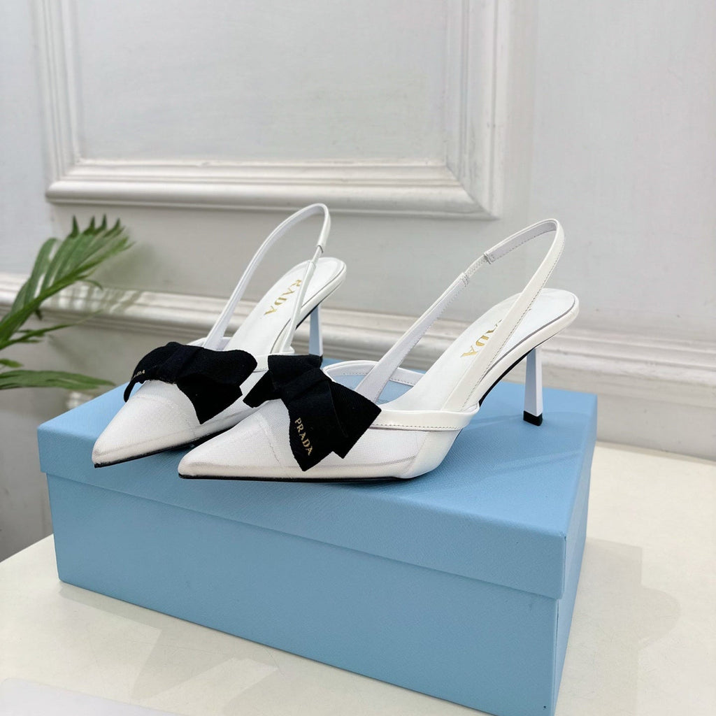 PRADA 26S POINTED-TOE SLINGBACK HEELS 75MM IN WHITE MESH WITH BLACK BOW